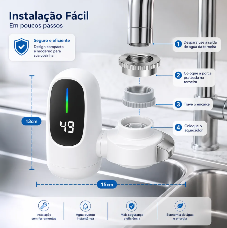 Aquecedor de Água Instantâneo Premium para Torneira (BIVOLT)
